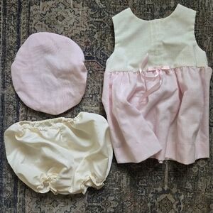Vintage 90's Baby Girl Pink And White Dress Bloomers And Hat